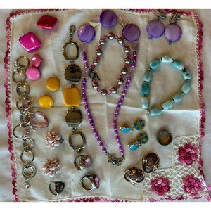 Vintage Colorful Costume Jewelry Lot #8 - Necklace, Rings, Bracelets Clip Earrin